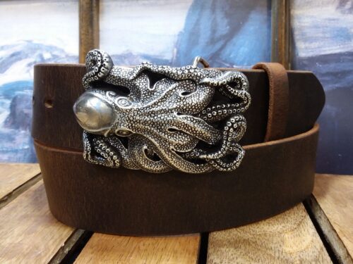 Kraken Octopus Leather Belt in Distressed Brown
