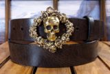 Skull and Roses Wreath Leather Belt on Brown Vintage Glazed