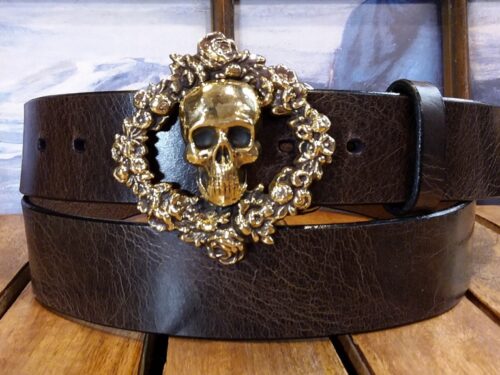 Skull and Roses Wreath Leather Belt on Brown Vintage Glazed
