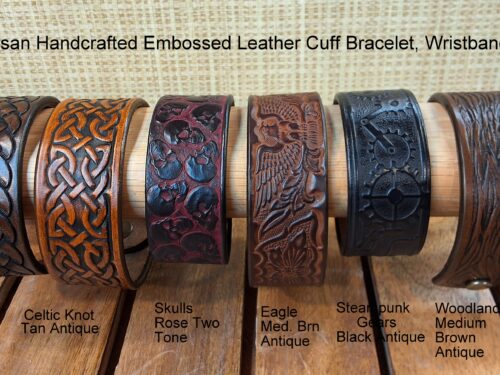 Artisan Handcrafted Embossed Leather Cuff Bracelet, Wristbands