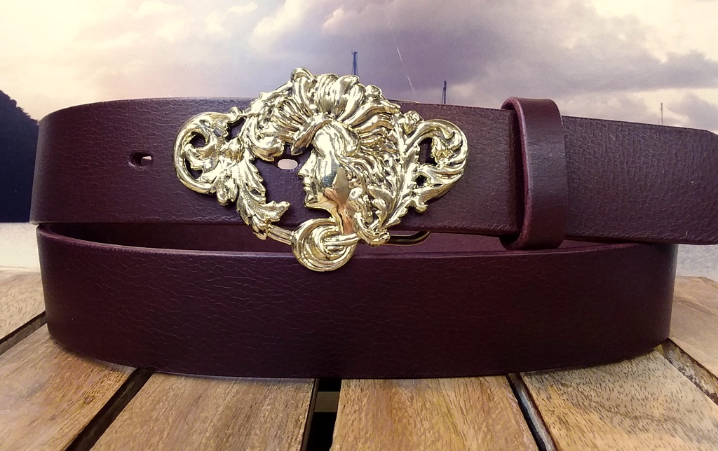 Artisan Handcrafted Art Nouveau Lady Leather Buckle Belt in Burgundy Oiled in Solid Brass