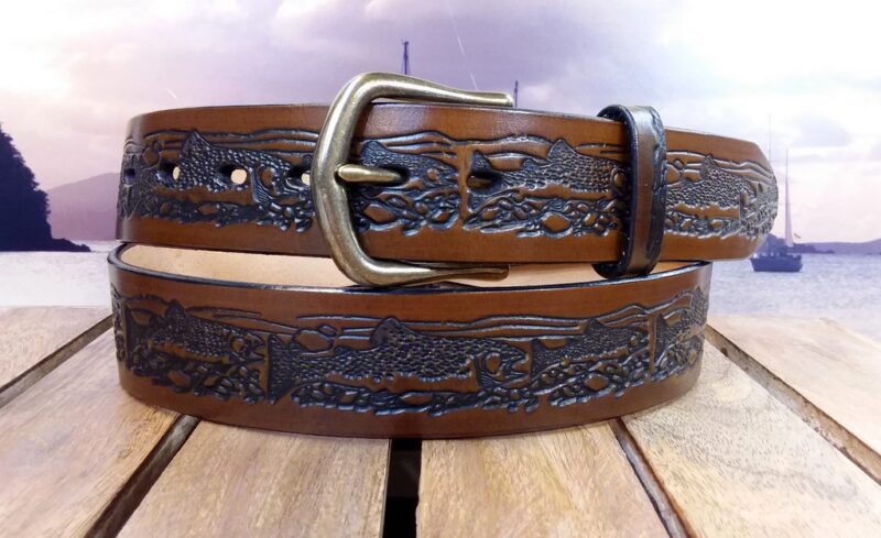 Trout Leather Belt in Dark Tan Antique Finish Antique Brass Buckle