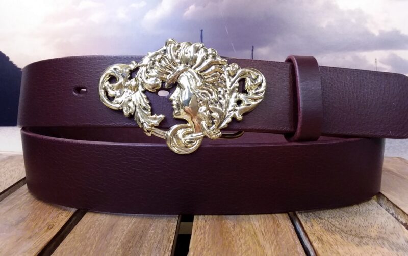 Art Nouveau Lady Leather Belt in Burgundy Oiled with Solid Brass