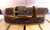 Trout Embossed Leather Belt in Tan Antique Finish with 1-1/4 Antique Brass Buckle