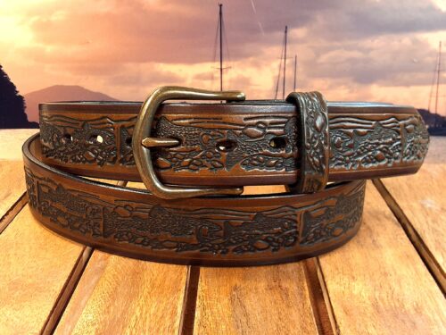 Trout Embossed Leather Belt in Medium Brown Two Tone with 1-1/2" Antique Brass Buckle
