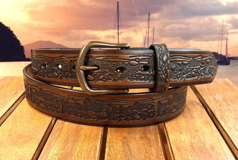 Trout Embossed Leather Belt in Medium Brown Two Tone with 1-1/2" Antique Brass Buckle