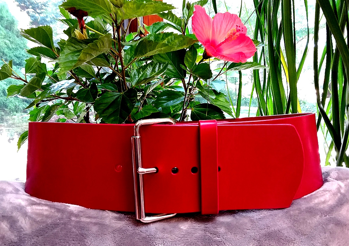Artisan Handcrafted Woman's Wide Leather Fashion Belt in Red English Bridle with Single Prong 4" Buckle