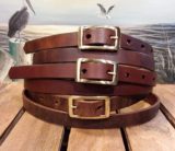Skinny Thin Leather Belts with 5/8" Solid Brass Rectangle Center Bar Buckle
