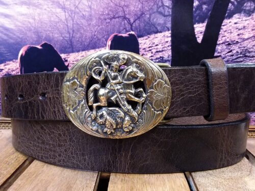 St George and The Dragon Leather Belt on Brown Vintage Glazed with Etched Solid Bass Buckle