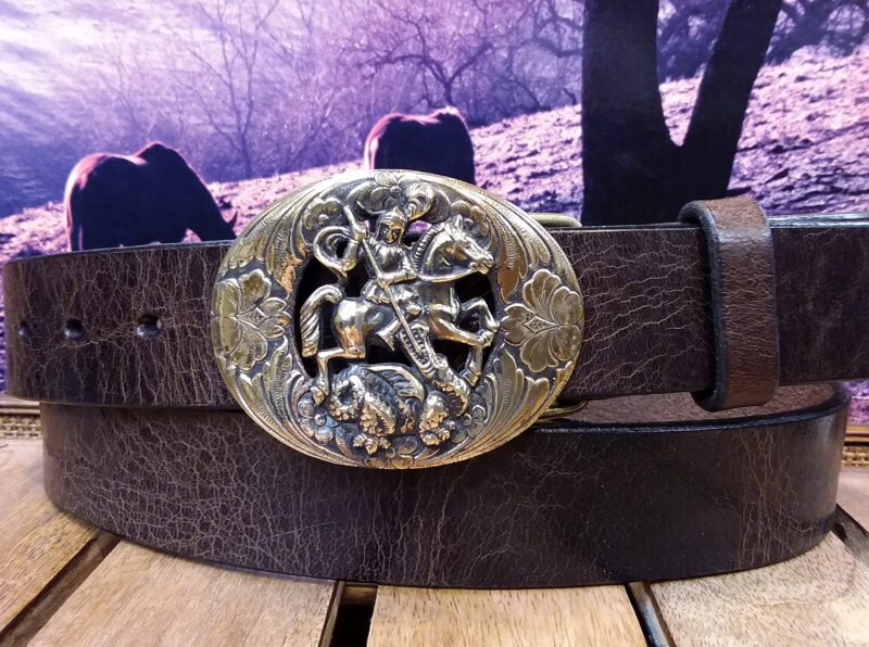 St George and The Dragon Leather Belt on Brown Vintage Glazed with Etched Solid Bass Buckle