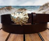 Barnstable Oyster Shell Leather Belt in Solid Brass and Brown Glazed