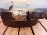 Barnstable Oyster Shell Leather Belt on Yellowstone Alligator Bison with Solid Brass Buckle