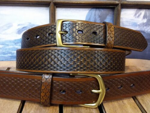 Dragon Scale Leather Belt in Medium Brown and Tan Antique 1-3/8"