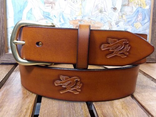 Peace Dove Leather Belt in Tan Antique Hand Dye with 1-1/2" Natural Brass