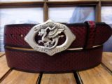 Flying Dragon Leather Belt in Black Cherry in Silver Plate