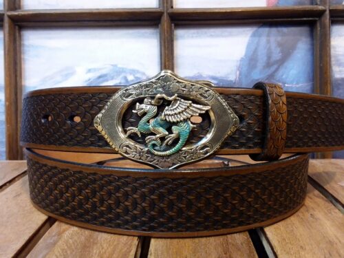 Flying Dragon Leather Belt on Dragon Scale Hand Dyed Embossed Med Brown in Solid Brass