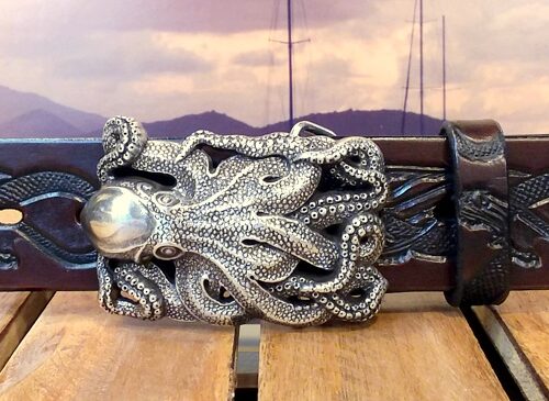 Kraken Octopus Embossed Leather Belt in Mahogany Antique Finish