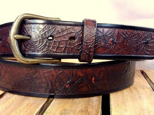 Artisan Handcrafted Black Widow Spider Leather Belt in Mahogany Antique Finish with 1-1/2" Antique Brass Buckle