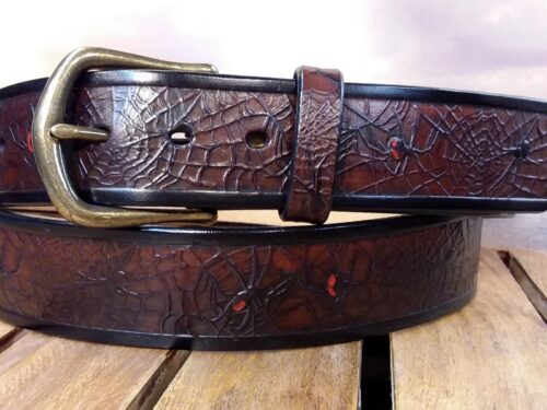 Black Widow Spider Leather Belt in Mahogany Antique Finish with 1-1/2" Antique Brass Buckle