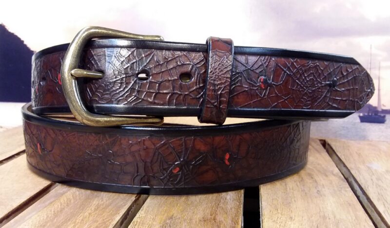 Black Widow Spider Leather Belt in Mahogany Antique Finish with 1-1/2" Antique Brass Buckle