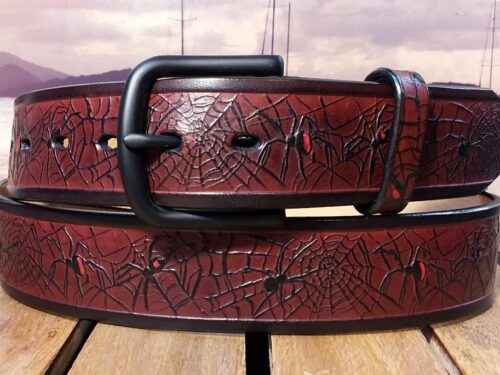 Black Widow Spider Leather Belt in Black Cherry with Black PVD Buckle