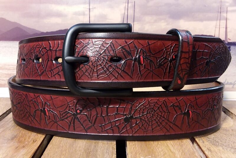 Black Widow Spider Leather Belt in Black Cherry with Black PVD Buckle
