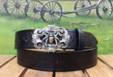 Black Widow Spider Embossed Leather Belt in Purple / Black Two Tone with Silver Plate Buckle
