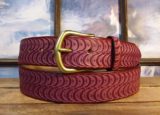 Two Moons Leather Belt in Scarlet with 1-1/2" Natural Brass Heel Bar Buckle
