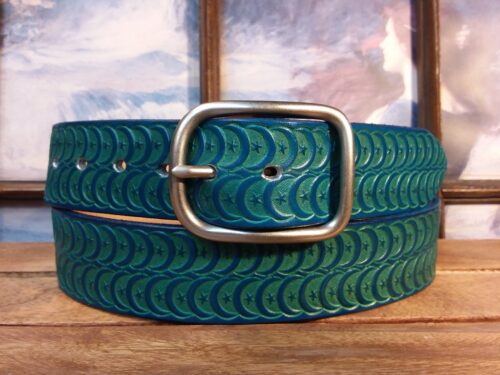 Two Moons Leather Belt in Turquoise with 1-1/2" Nickel Matt Center Bar Buckle