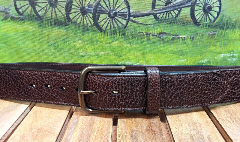 American Wide Bison Leather Belt in Yellowstone Bourbon Bison with 1-3/4" Antique Brass Buckle