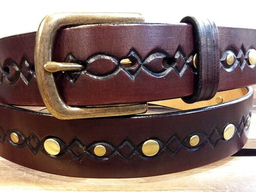 Diamond Embossed Leather Rivet Belt with Antique Brass Buckle and Brass rivets