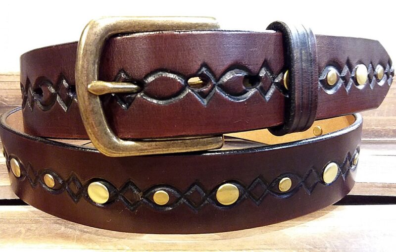 Diamond Embossed Leather Rivet Belt with Antique Brass Buckle and Brass rivets