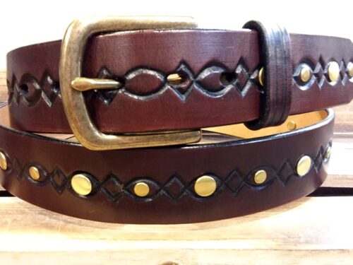 Dimond Embossed Leather Rivet Belt in Mahogany with 1-3/8" Antique Brass Buckle and Brass rivets