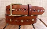 Dimond Embossed Leather River Belt with Brass and Silver Rivets and 1-1/2" Natural Brass Buckle