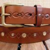 Dimond Embossed Leather River Belt in Tan with Brass and Silver Rivets and Natural Brass Buckle
