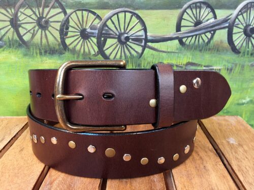 Wave Leather Rivet Belt in1-3/4" Dark Brown Bridle with Brass and Silver Rivets Wave Leather Rivet Belt in1-3/4" Dark Brown Bridle with Brass and Silver Rivets and Antique Brass Buckle