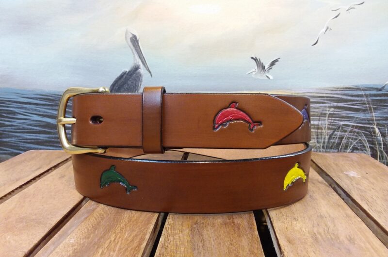 Flipper Rainbow Dolphin Leather Belt in Tan Antique Finish with 1-1/4" Natural Brass Buckle