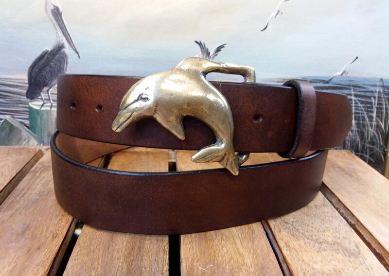 Dolphin Leather Belt on 1-1/2" Bomber Brown in Solid Brass
