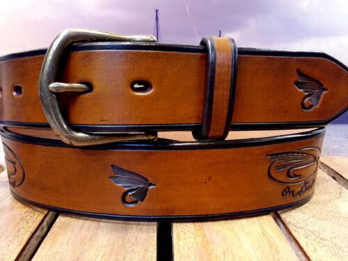 On Line Fly Fishing Combo Leather Belt in Saddle Tan Antique Hand Dye with Antique Brass Buckle