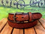 Floral Vine Embossed Leather Belt in Two Tone Medium Brown Antique Hand Dye With 1-1/2" Antique Brass Buckle