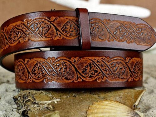 Floral Vine Embossed Leather Belt in 1-1/2" Two Tone Medium Brown