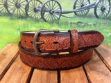 Floral Vine Embossed Leather Belt in Two Tone Tan Antique Hand Dye With 1-1/2" Antique Brass Buckle