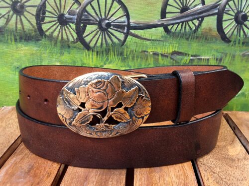 Oval Rose Leather Belt on Bomber Brown with Solid Brass Buckle