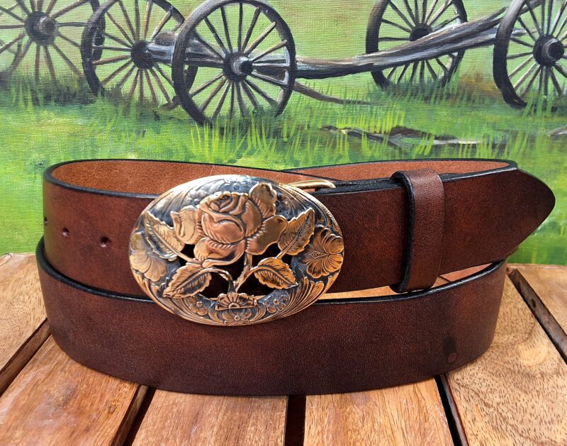 Oval Rose Leather Belt on Bomber Brown with Solid Brass Buckle