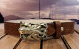 Kraken Bison Leather Belt on Tucson Cognac Bison with Solid Brass Buckle