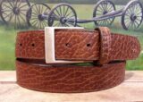 Pin Plaque Bison Leather Belt in Tucson Cognac with Brushed Brass Buckle