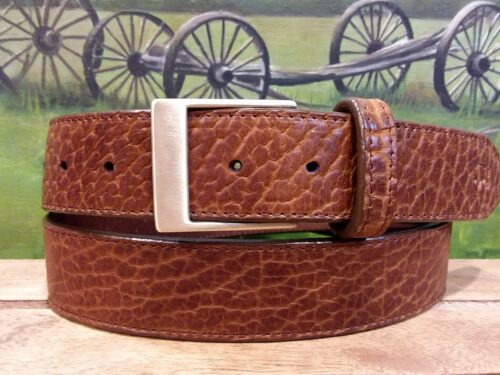 Pin Plaque Bison Leather Belt in Cognac with Solid Brass Buckle