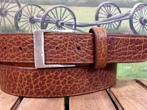 Pin Plaque Bison Leather Belt in Tucson Cognac with Hammered Brush Nickle Buckle