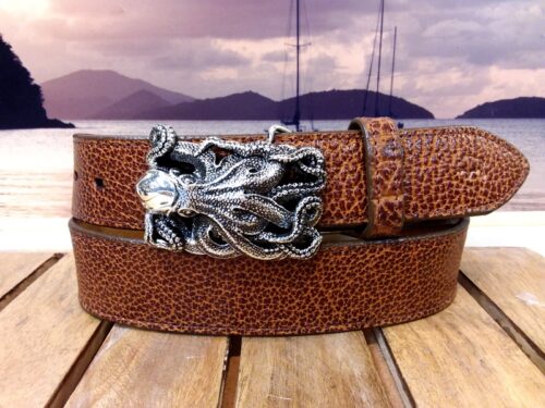 Kraken Bison Leather Belt on Yellowstone English Tan with Antique Silver Kraken Buckle