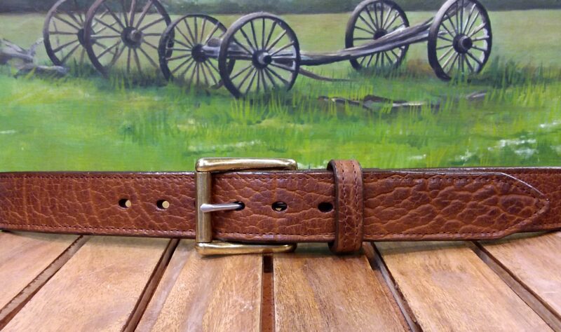American Bison Concealed Open Carry Leather Belt in Tucson Cognac with 1-1/2" Solid Brass Roller Bar Buckle